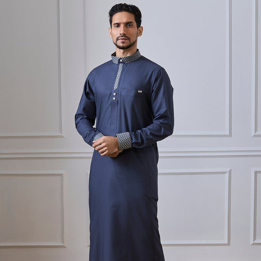 Blue Adventure Thobe with Mandarin Collar & Silver Accents | alraza2454