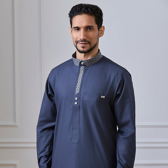 Blue Adventure Thobe with Mandarin Collar & Silver Accents | alraza2454