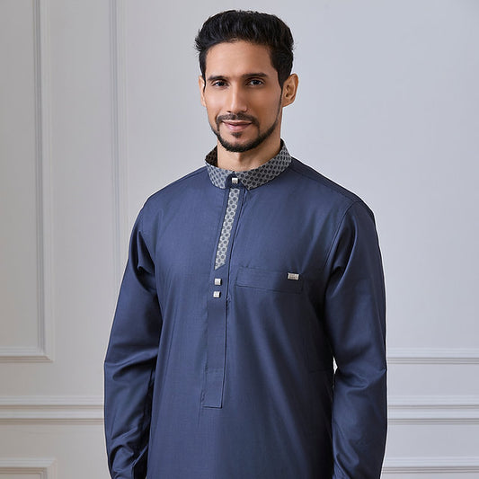 Blue Adventure Thobe with Mandarin Collar & Silver Accents | alraza2454