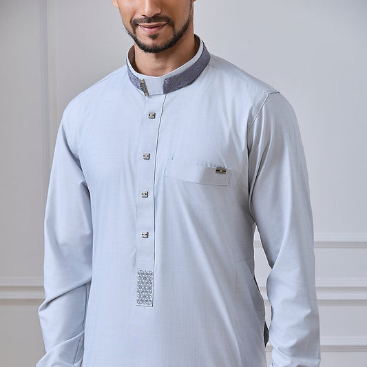Light Blue Prestige Thobe with Contrast Collar & Cuff Detailing | ALRAZA2458