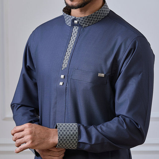 Blue Adventure Thobe with Mandarin Collar & Silver Accents | alraza2454