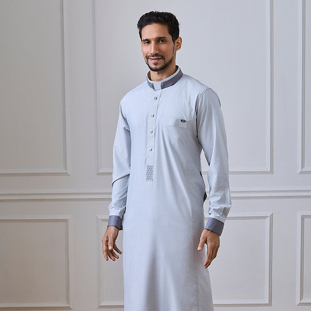 Light Blue Prestige Thobe with Contrast Collar & Cuff Detailing | ALRAZA2458