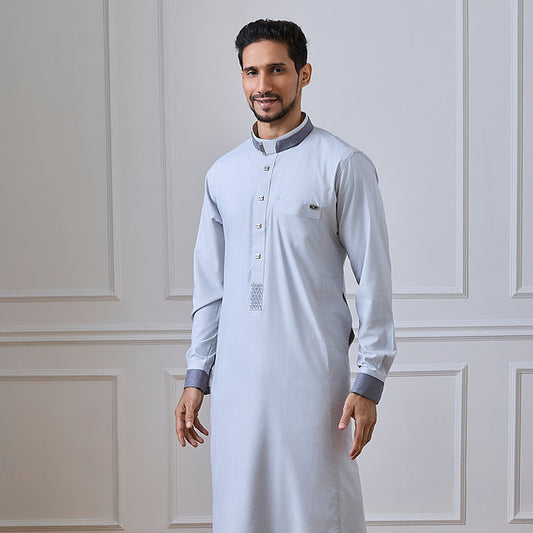 Light Blue Prestige Thobe with Contrast Collar & Cuff Detailing | ALRAZA2458